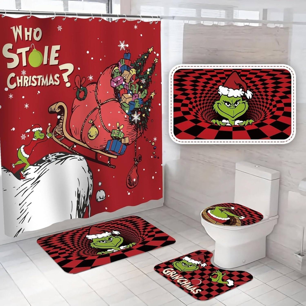 Grinch Christmas 4 Pc Bathroom Decor Set Shower Curtain Rugs Toilet‎ Seat Cover